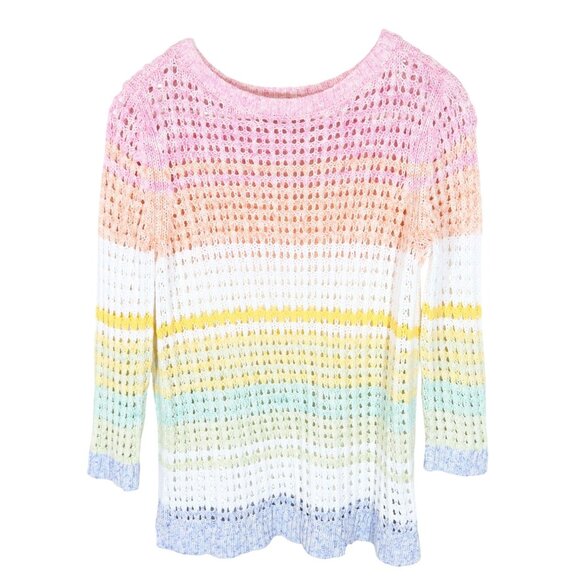 TALBOTS Pastel Rainbow Stripe Open Knit Sheer Pullover Sweater Mp 100% Cotton - Picture 1 of 5